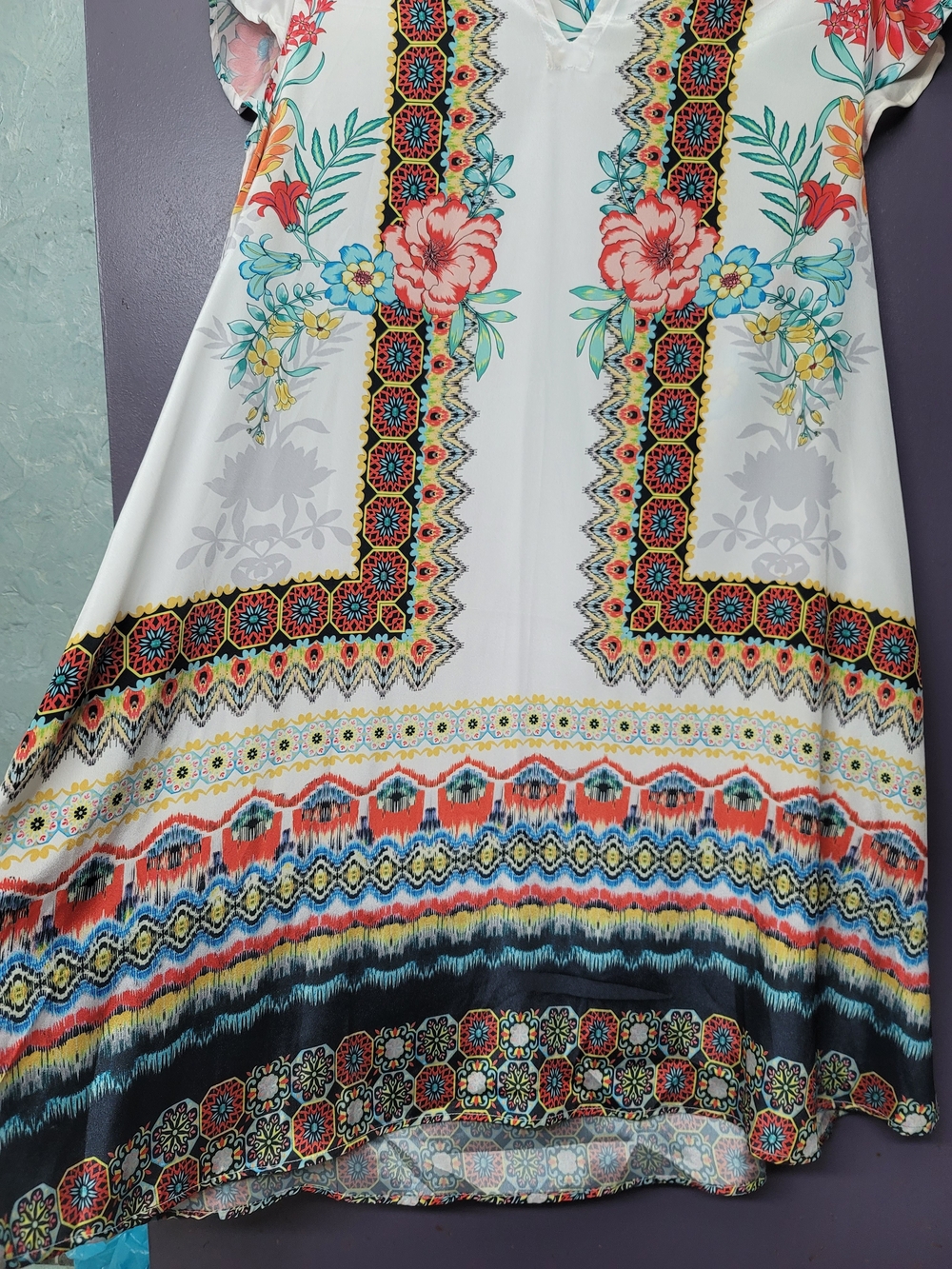 White Floral Border Print V-Neck Tunic Dress